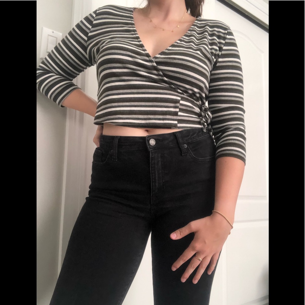 Green Striped 3/4 Sleeve Wrap Top